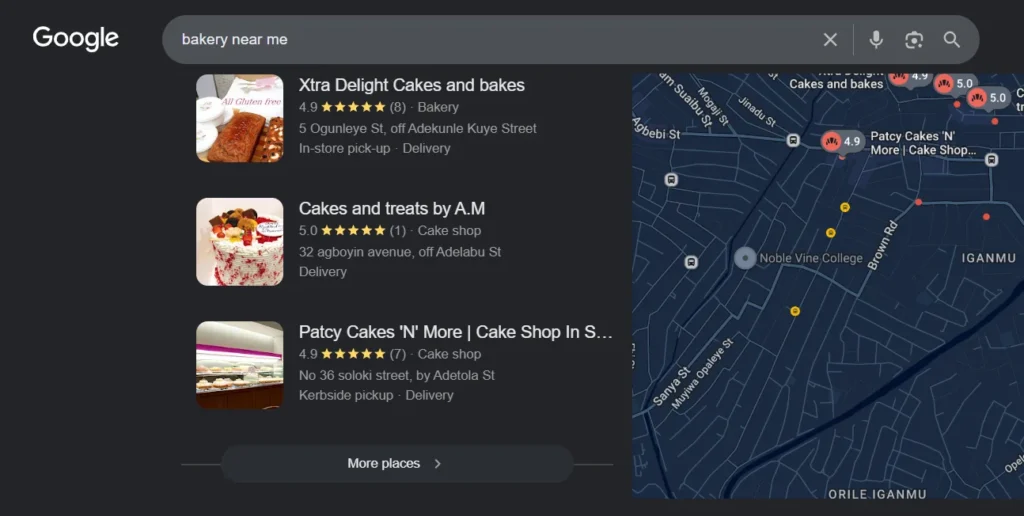 Google map listing of different bakeries