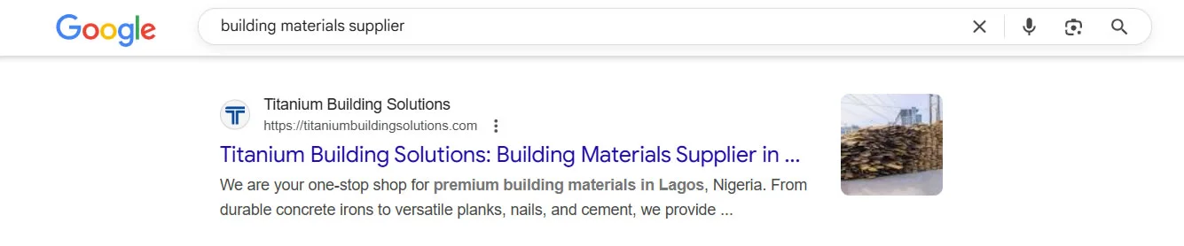 TBS is Number 1 for "building materials supplier" using SEO services in Lagos